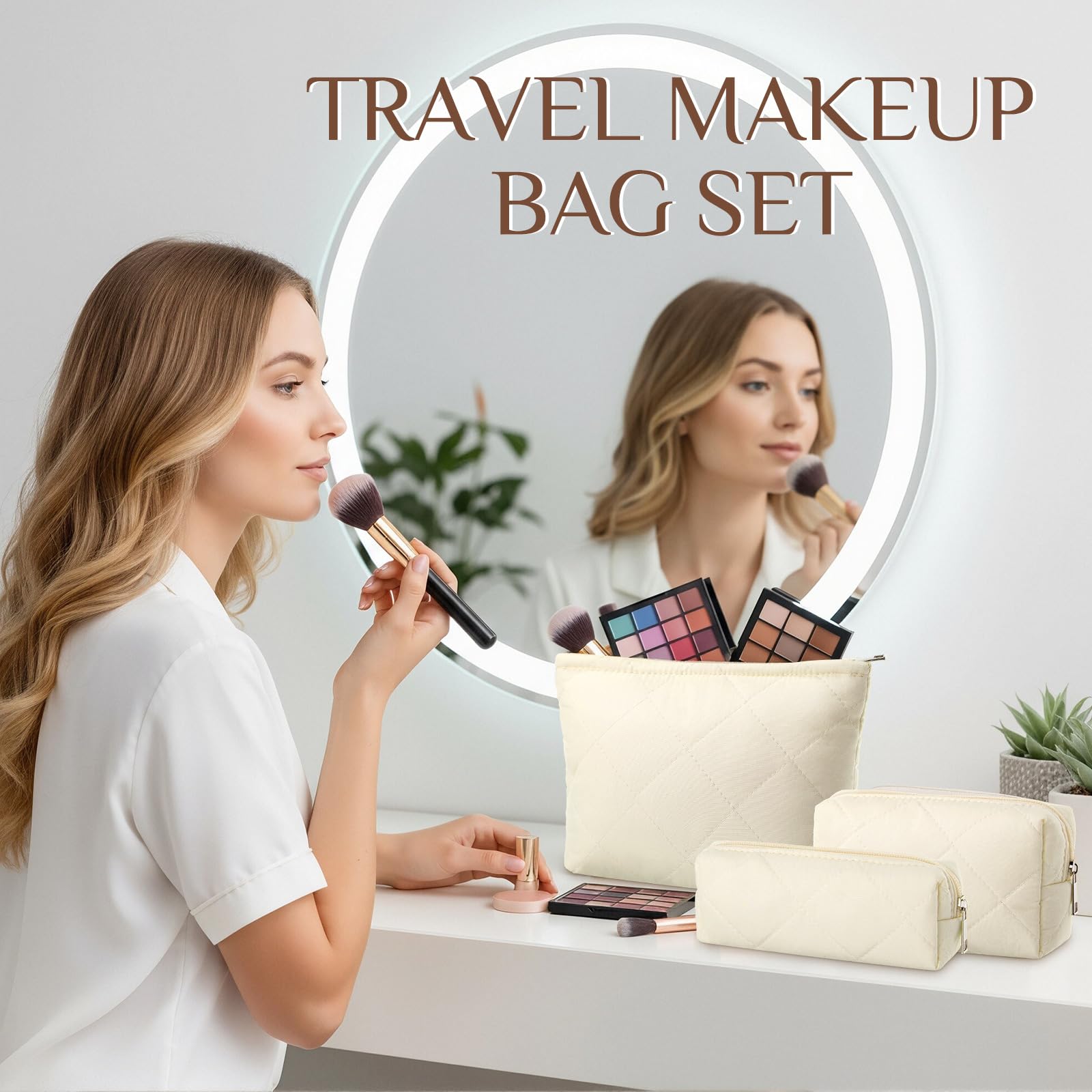 Paterr 3 Pcs Quilted Makeup Bag Set Back to School Favor Small Bridesmaid Cosmetic Bag Aesthetic Travel Pouch Cute Purse Pencil Case Makeup Storage Organizer for Women Birthday Gift(Cotton,Beige)
