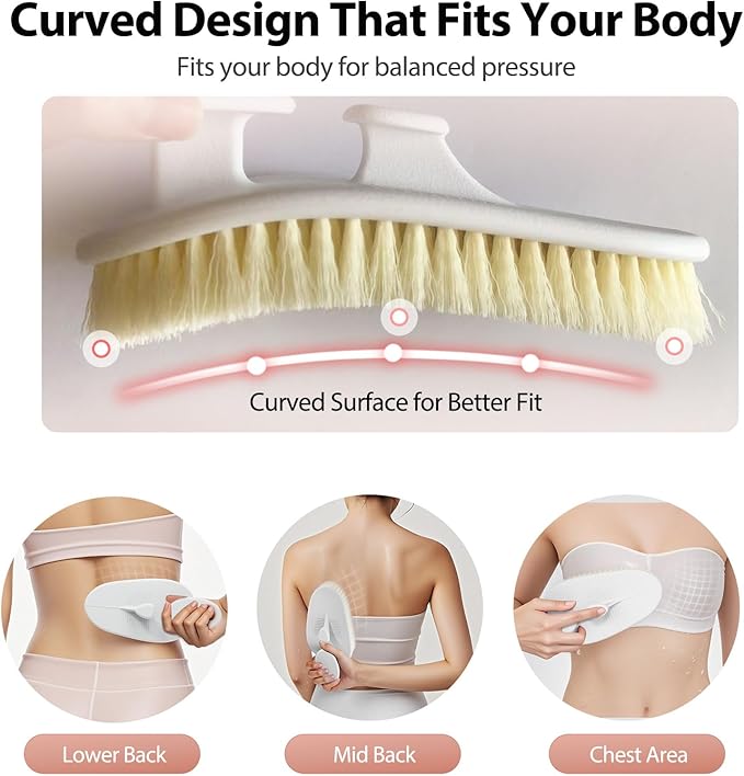 Shower Brush for Body, Extra-Large Bath Brush with Ergonomic Curved Design, Soft-Medium Bristles for Gentle Exfoliation & Full-Body Cleansing, Comfortable Short Handle for Men & Women