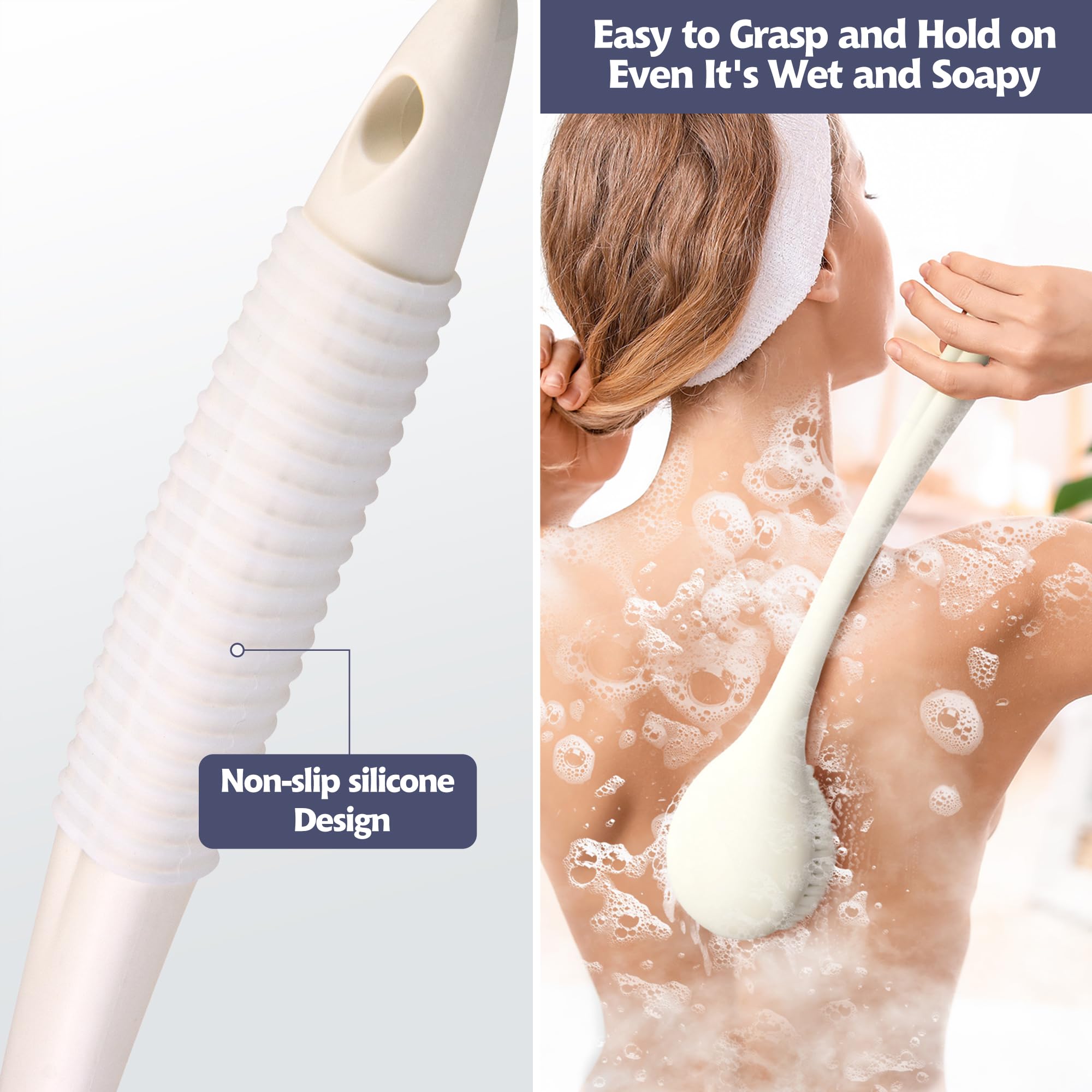 BEDELITE Back Bath Brush Long Handle for Shower of 2 - Soft Shower Brush for Men & Women,Back Brush Scrubber - 16.4" Long Skin Exfoliator for Body Bath Scrubber（Pink & Ivory）