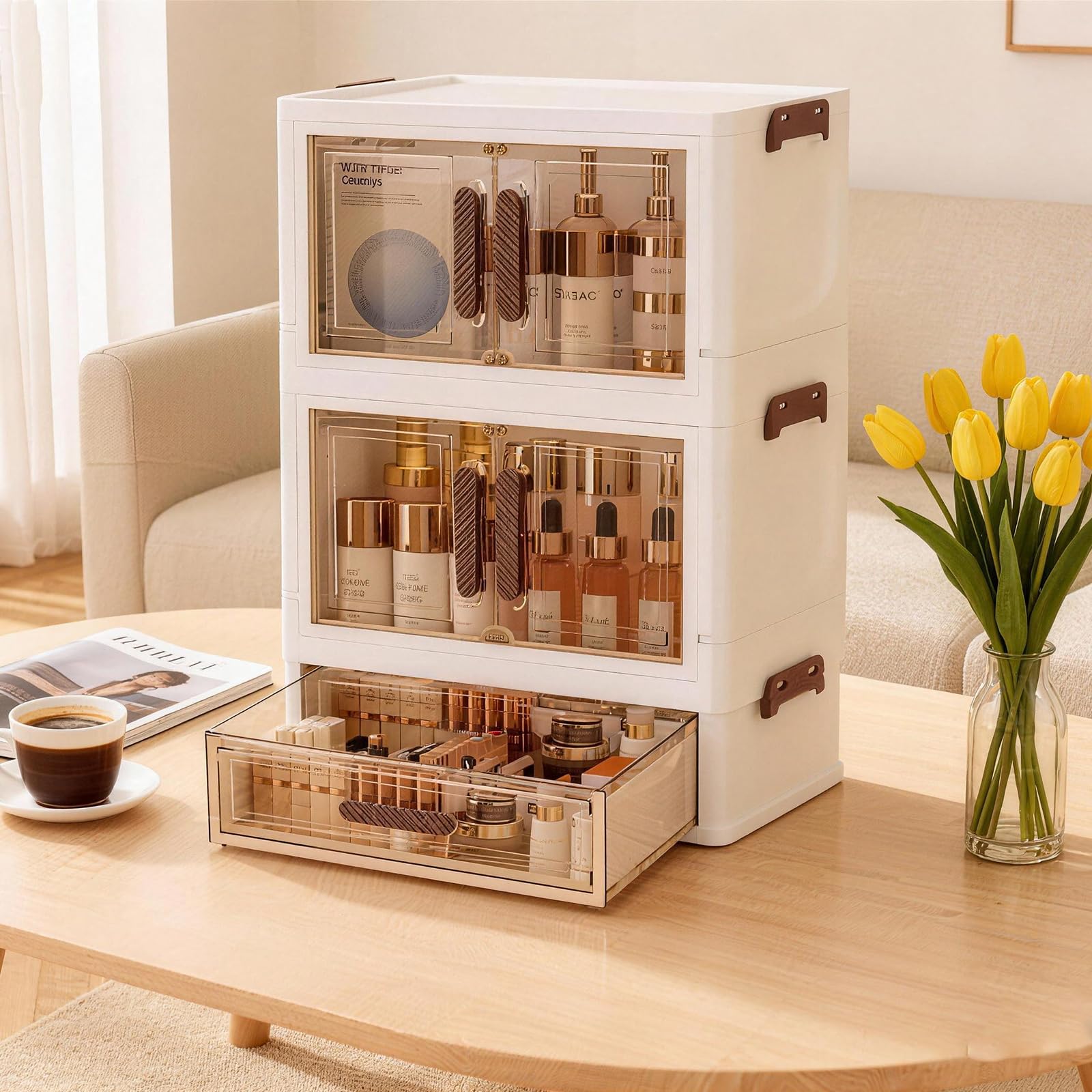 LiliGloris Stackable desktop organizer with drawers and compartments, perfect for storing cosmetics, beauty tools, jewelry, and daily essentials in dorm rooms (1 drawers+2 layers)