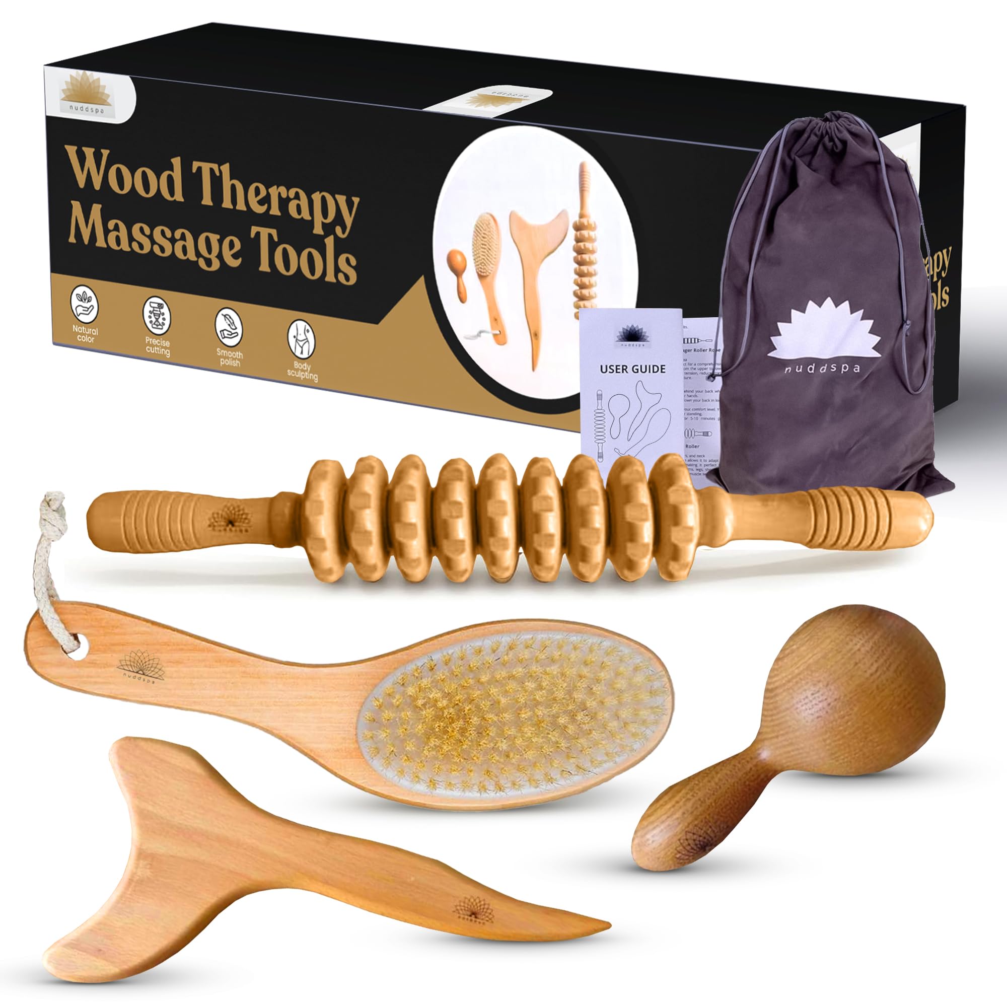 Nuddspa Wood Therapy Massage Tools 4 Pcs, Lymphatic Drainage Massager, Maderoterapia Kit, Anti Cellulite Complete Body Sculpting Tools for Total Relaxation & Relief (4 Pack)