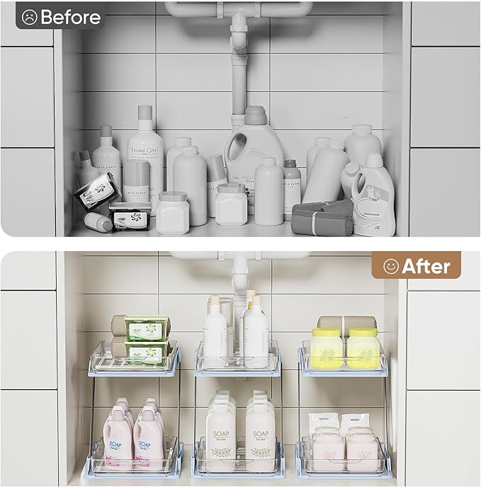 AUGBEAN 3 Pack Bathroom Organizers and Storage - Multi-Purpose,2-Tier Clear Pull Out Organization for Bathroom,Under Sink,Kitchen,Vanity,Countertop,Cabinet,Pantry & Medicine Cabinet,Blue