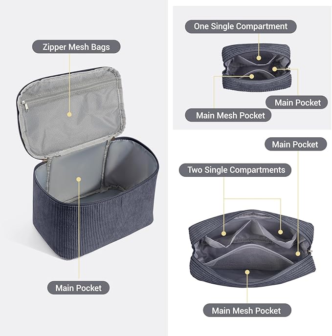 MAGEFY Makeup Bag, 3 Pcs Cosmetics Bag Large Capacity with Handle Make Up Bag for purse Corduroy Bag Pouch for Purse Travel Makeup Organizer Bag-Grey