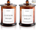LEORAY 2 Pack Glass Qtip Holder Dispenser with Lids, Airtight Waterproof, 16 Oz Vanity Organizer Bathroom Canisters for Cotton Swabs, Balls, Pads, Floss Picks, Restroom Kitchen Storage Jars, Amber