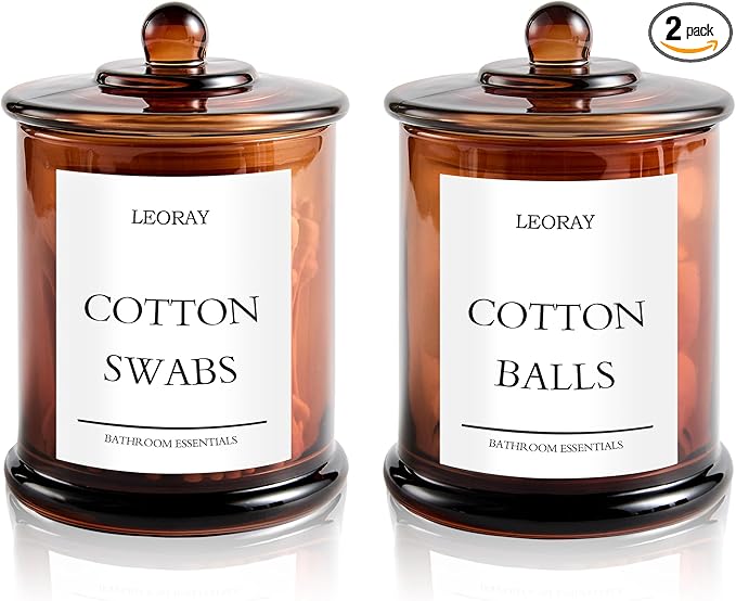 LEORAY 2 Pack Glass Qtip Holder Dispenser with Lids, Airtight Waterproof, 16 Oz Vanity Organizer Bathroom Canisters for Cotton Swabs, Balls, Pads, Floss Picks, Restroom Kitchen Storage Jars, Amber