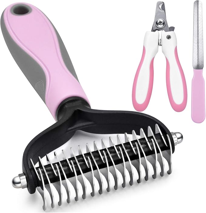 3Pcs Dog brush for shedding Undercoat Rake for Dogs & Cats - Double Sided Brush for Dematting Comb Grooming Tool kit -Dog Nail Clippers & Nail File