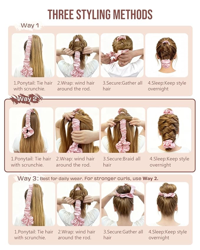 BONNET QUEEN Large Satin Heatless Hair Curler for Long Thick Hair, Heatless Curls Overnight, Hair Curlers to Sleep In, Damage-Free Waves for Women with Built-in Scrunchie, Cream Pink