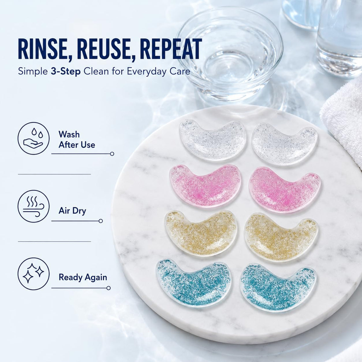 Rovian 8 Pack Reusable Eye Patches, Glitter Cooling Eye Gel Patches for Puffiness, Dark Circles and Quick Makeup Prep