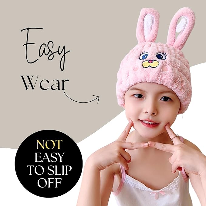 LCBD Microfiber Hair Towel Wrap for Kids, Pink Rabbit Dry Hair Cap Suck Water, Absorbent Quick Girls Boys Hair Drying Towel, Lightweight Bouncy Hat Headscarf for Wet Hair