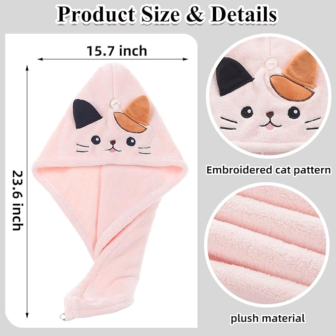 2Pack Microfiber Hair Towel Wrap for Kids, Cute Cat Absorbent Hair Drying Turbans Head Towels for Women Girls (Gray and Light Pink Cat)