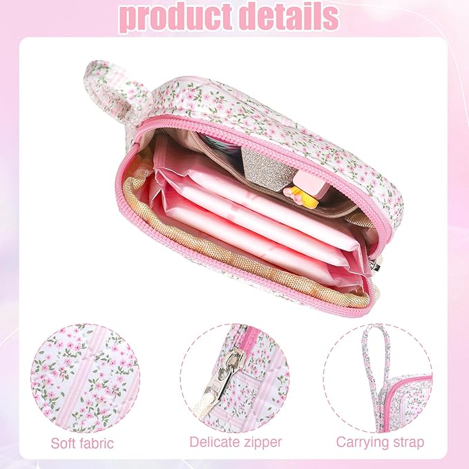 Chicarries Small Makeup Bag | Discreet Period Bag Pad Pouch for Purse| Sanitary Napkin Storage & Tampon Holder for Travel (Cute flower pink)