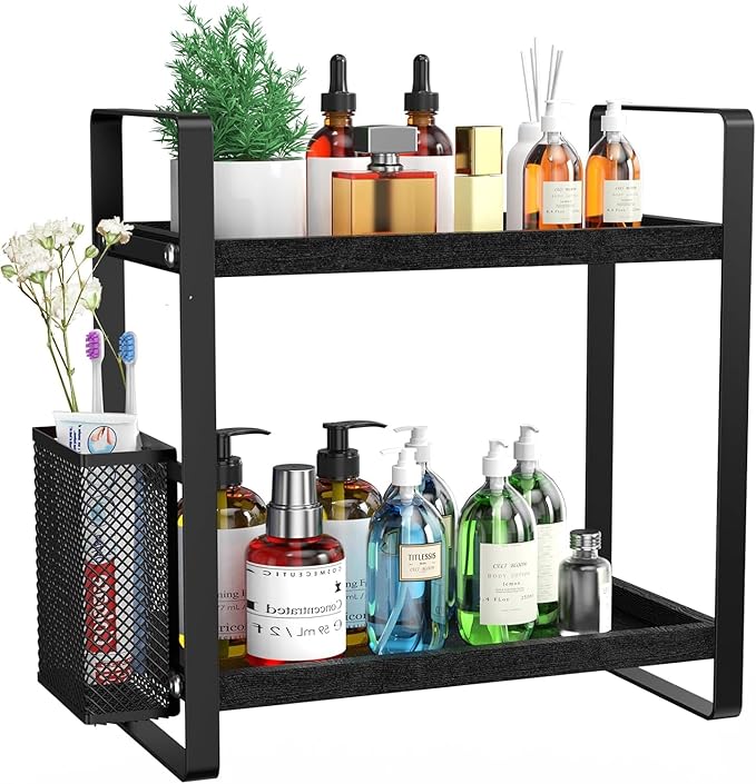 LEMIKKLE 2-Tier Wood Bathroom Counter Organizer with Basket,Waterproof Vanity Perfume Skincare Storage for Bathroom, Kitchen, Dresser