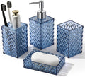 RYTOXILO Bathroom Accessories Set, 4 Pack Blue Acrylic Bath Accessory Sets Complete, Diamond Soap Dispenser and Toothbrush Holder Bathroom Counter Sink Set, Boho Modern Bathroom Decor