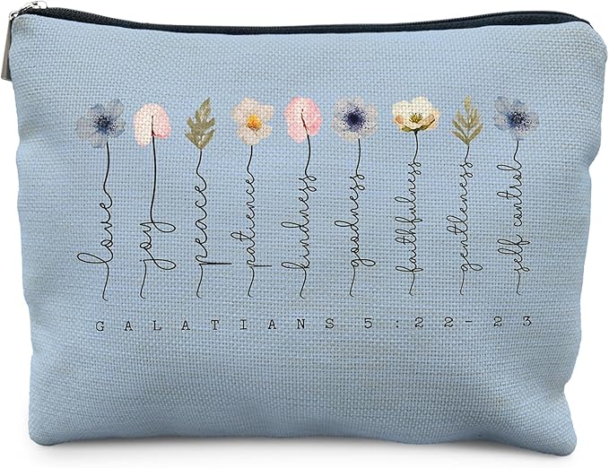 Likjad Christian Gifts Makeup Bag, Floral Christian Cosmetic Bags for Women, Galatians 5:22-23 Bible Verse Makeup Pouch（blue