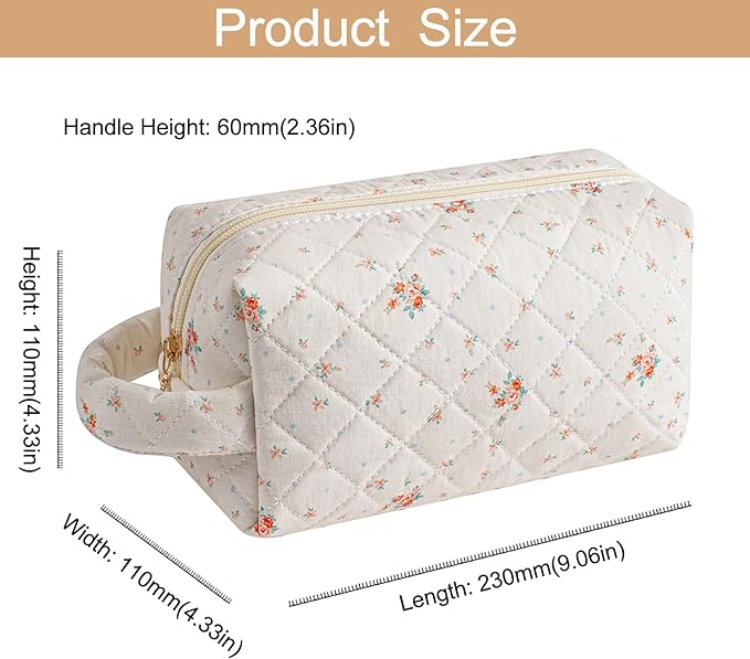 HHQQWZ Makeup Bag Travel Cosmetic Bag for Women, Zipper Make Up Pouch, Floral Flowers Toiletry Organizer Makeup with Handle, Cosmetic Travel Cloth Bag (Beige Floral)