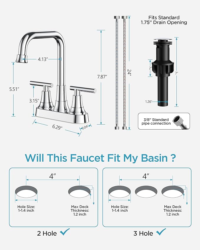 FORIOUS Bathroom Faucets for Sink 3 Hole Chrome, 4 Inch Centerset Bathroom Sink Faucet 2 Handle with Pop-up Drain and Supply Hoses for Vanity RV Laundry Farmhouse