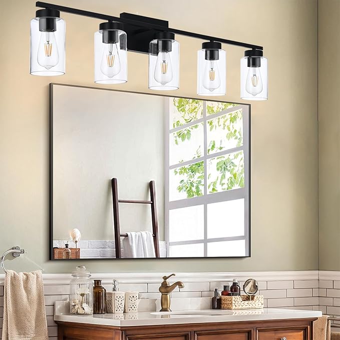 A1A9 5 Light Bathroom Vanity Light Fixtures, Matte Black Modern Wall Lights with Clear Glass Shade, Vintage Wall Sconce Lighting for Living Room, Mirror, Bedroom, Hallway (Black, 5-Lights)
