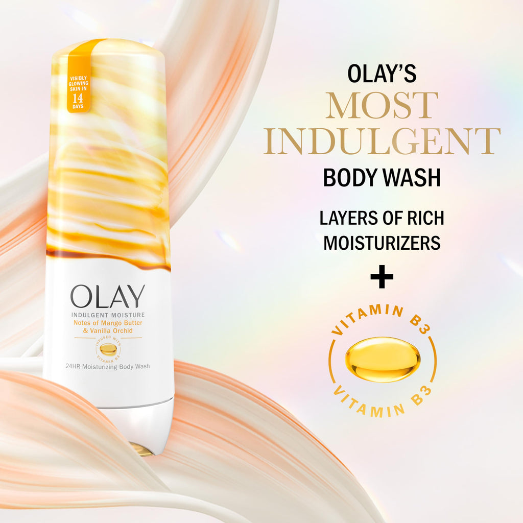 Olay Body Wash for Women, Indulgent Moisture, 24hr Moisturizing & Nourishing Formula, Infused with Vitamin B3 Complex, Luxurious Fragrances, Mango Butter & Vanilla Orchid Scent, 20 fl oz