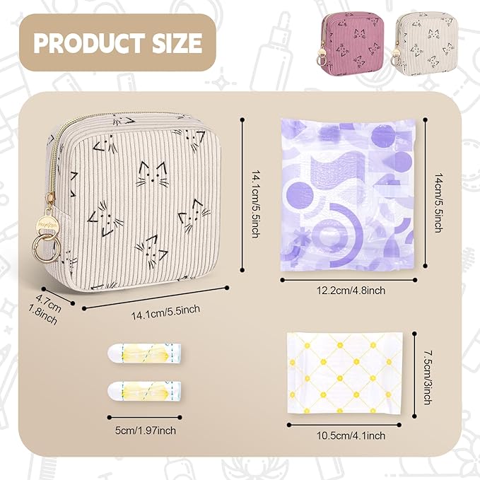 Period Bag for Teen Girls, Corduroy Cute Cats Sanitary Napkin Storage Bag, Menstrual Pad Pouches Tampon Holder for Purse (Pink)