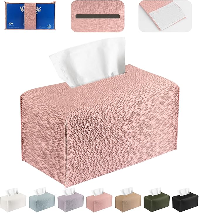 PARIERIS Tissue Box Cover PU Leather Tissue Holder Rectangle Facial Tissue Case Tissue Box Organizer Dispenser for Bathroom, Kitchen, Home, Office, Tabletop (SoftPink, Short)