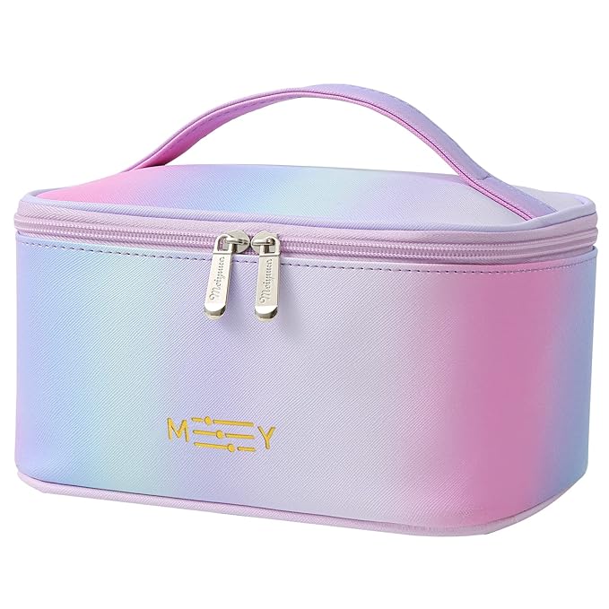 Gradient Travel Makeup Bag for Women, PU Leather Cosmetic Bag, Rainbow Pink