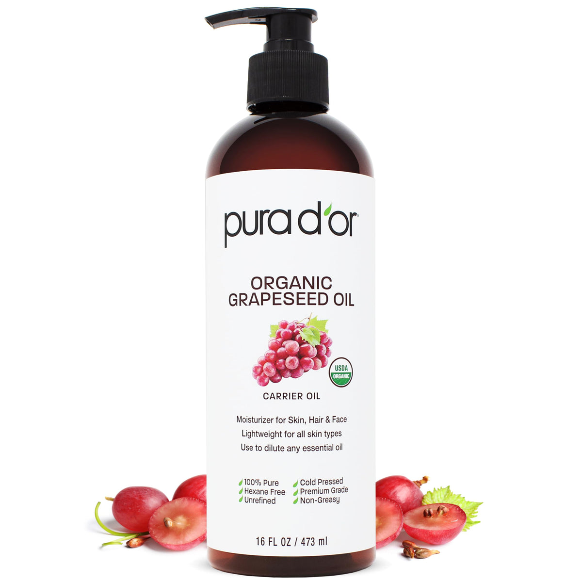 PURA D'OR USDA ORGANIC Grapeseed Oil Pure Cold-Pressed Carrier Oil, 16oz
