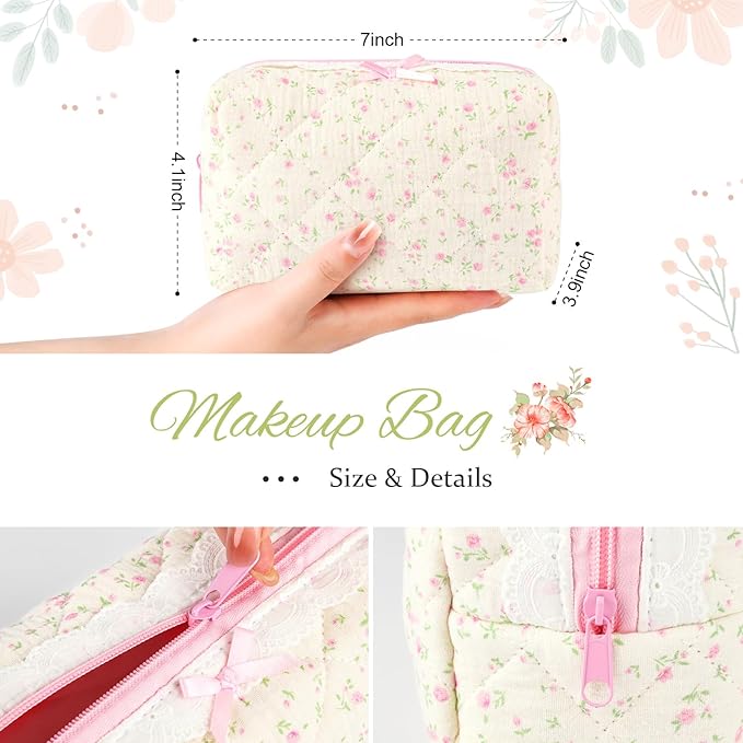 SOIDRAM Floral Makeup Bag Small Quilted Cosmetic Bag Cute Makeup Pouch Coquette Makeup Bag Aesthetic Travel toiletry bag Organizer Cotton Makeup Brushes Storage Bag for Women (Vintage Flora -S)