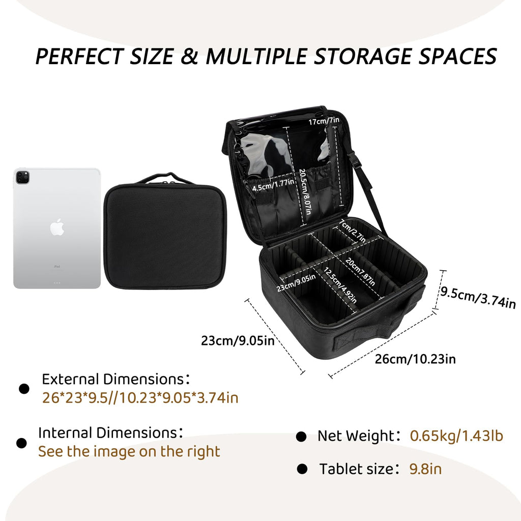 gzcz Travel Makeup Bag,Portable Makeup Case for Women,Professional Cosmetic Train Case Organizer Artist Storage Bag With Adjustable Dividers Brushes Toiletry Jewelry Digital Accessories