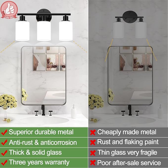Zarbitta 3-Light Bathroom Light Fixtures, Black Modern Vanity Lights with Milky White Frosted Glass Shades, Bathroom Wall Lamp for Mirror Kitchen Living Room Hallway Cabinet Porch