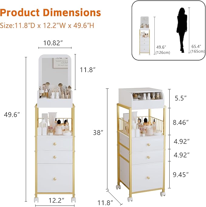 ZQUYAJ Makeup Cart Organizer with Mirror, Floor Makeup Organizer Large- Make Up Organizers Vanity Cart Cosmetic Display Cases Holder for Skin Care Perfume Nail Polish Brush Hair Tool (Gold)