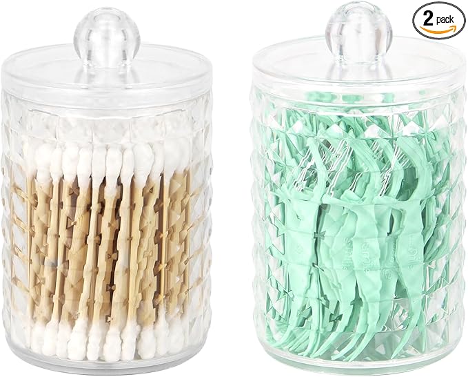 2 Pack Qtip Holder Bathroom Storage Canister for Cotton Ball Cotton Swab Pads Floss, Small Plastic Jars with Lids (Clear, 2 Pack)