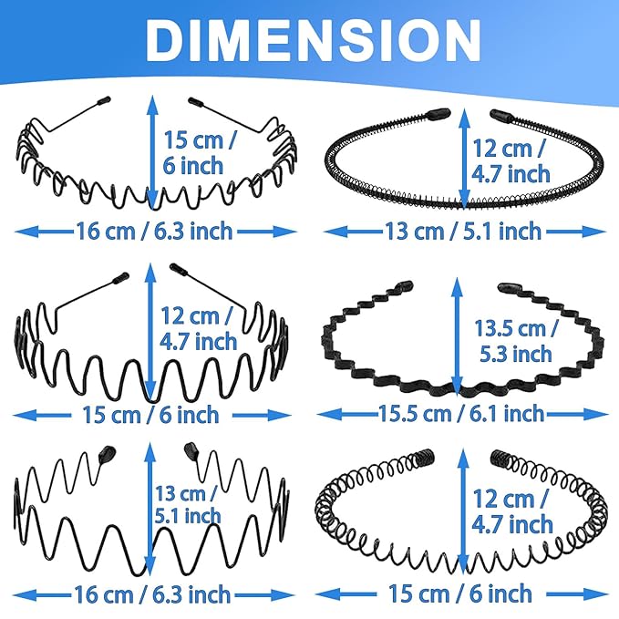 Metal Headbands for Men & Women, 6 Pack Wavy Spring Zigzag Hair Bands, Adjustable Non-Slip Sports Headband for Running, Workout, Gym & Outdoor Activities, Black Unisex Hair Accessories