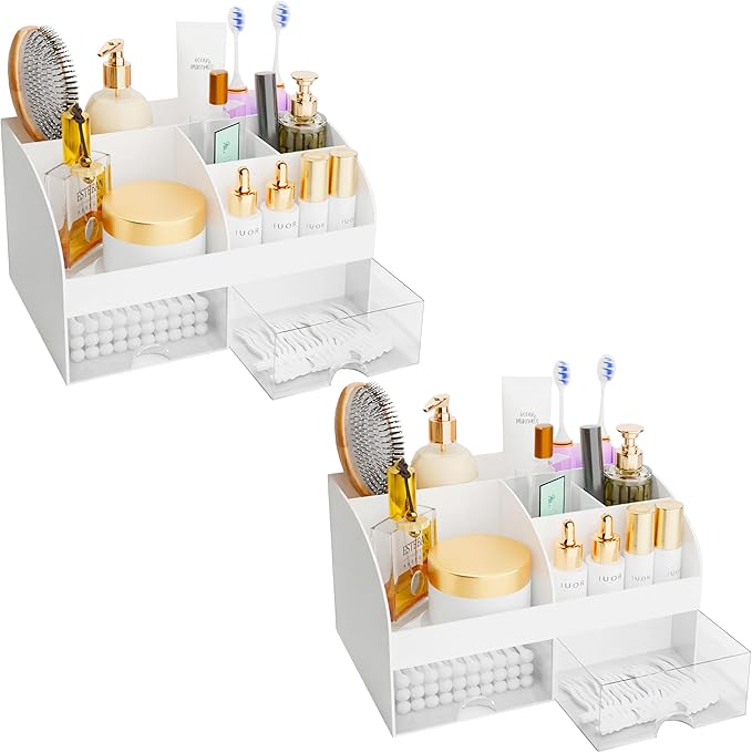 Makeup Organizer with Drawers, Cosmetic Storage for Dresser Vanity and Bathroom Countertop, Beauty Holder for Lipstick Brush, Skincare Organizer for Vanity, Cosmetic Display Case (White)