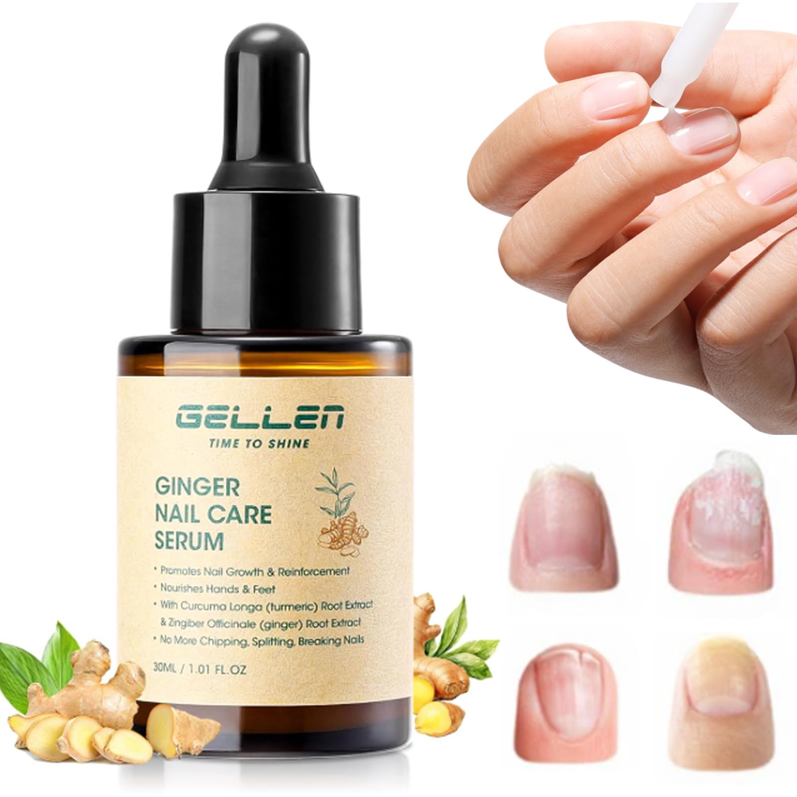 GELLEN 7-14 Days Ginger Nail Growth Serum for Nail Strengthener and Growth, Nail Repair Treatment for Weak Brittle Splitting Damaged Nails, Hydrated & Nourished Nail Care Solution for Hands & Feet