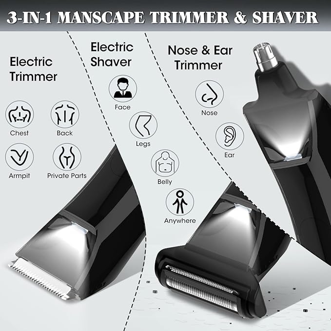 QREEYX Beard Trimmer for Men Groin & Body Hair Trimmer, Nose & Ear Clipper Head Razors for Bald Men, 5 in 1 Waterproof Manscape Kit with Travel Case, LED Display, Grooming Kit Gift for Him