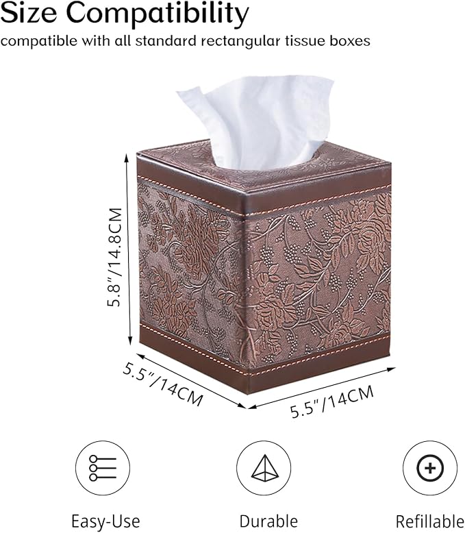 Leather Tissue Box Cover Square,Upgrade 99% Compatible Large Size,Cube Tissue Box Holder for Napkin Facial Paper,Dryer Sheet Dispenser Organizer for Bathroom Vanity Countertop,Night Stand