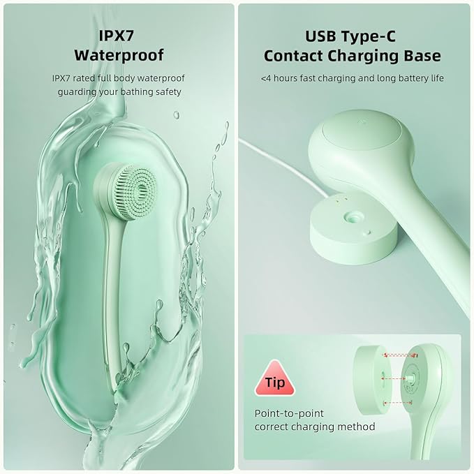 Oh,XIYU. Electric Body Brush Back Scrubber for Shower, Waterproof Long Dual Handle Body Scrubber with 3 Heads, Bath Brush & 2 Speeds, for Cleansing, Exfoliating and Massaging Skin, Pale Cypress Green