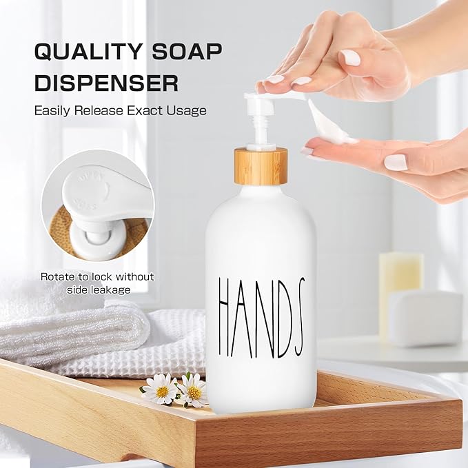 ALPIRIRAL White Bathroom Accessories, 5 Pcs Glass Bathroom Accessory Set with Bamboo Tray, Soap Dispenser and Toothbrush Holder Set, Qtip and Cotton Ball Holder, Farmhouse Boho Bathroom Set Complete