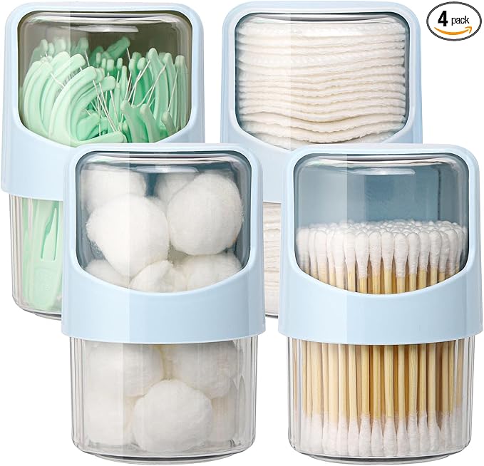 Tbestmax 4 Pack Rotating Qtip Holder Dispenser for Cotton Swabs, Makeup & Hair Accessories, Vanity Organizer with Canisters for Floss Picks, Cotton Balls, Bathroom Essentials Accessories Decor,Blue