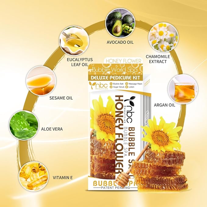 nbc BeautiLab Pedicure Kit Foot Soak Set: Bubble Salt, Sugar Scrub, Massage Mask, Massage Lotion in a Box, 4 Step Foot Spa Kit for Dry Feet,Tired Feet (3 Set Honey flower)