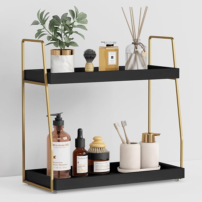 Forbena Black Bathroom Counter Organizer, Tiered Bathroom Organizer Countertop Tray, Corner Makeup Vanity Shelf Organizers and Storage for Men Perfume Skin Care Kitchen Sink Coffee Bar Station