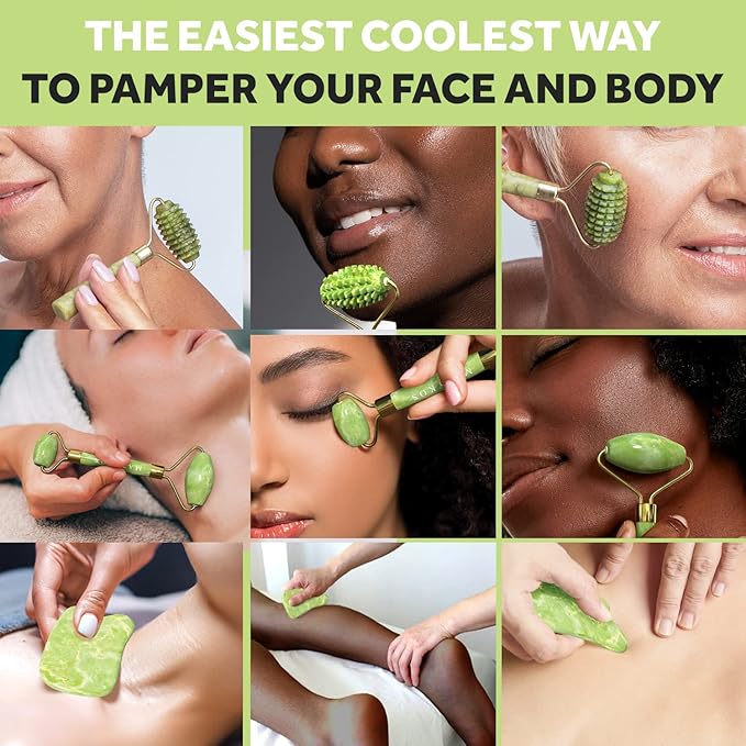 Matykos Jade Roller for Face and Gua Sha Set - 2 Anti-Aging Facial Rollers and Gua-Sha Facial Tool - Face and Body Massager for Your Skincare Routine - Massage Tools for Wrinkles and Lifting