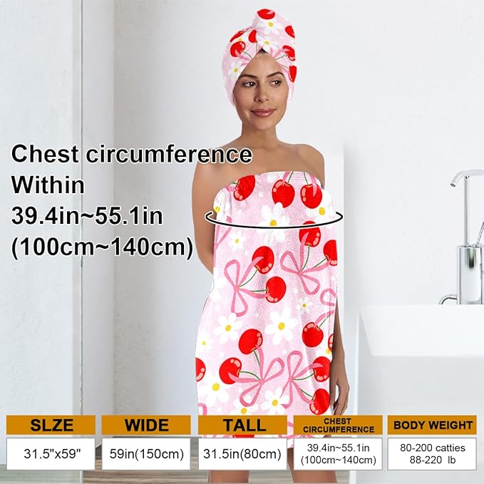 Cherry Print Bath Wrap with Matching Hair Drying Cap – Soft Microfiber Quick Dry Shower Towel Skirt Set for Women, Girls, Spa and Travel (Cherry 6)