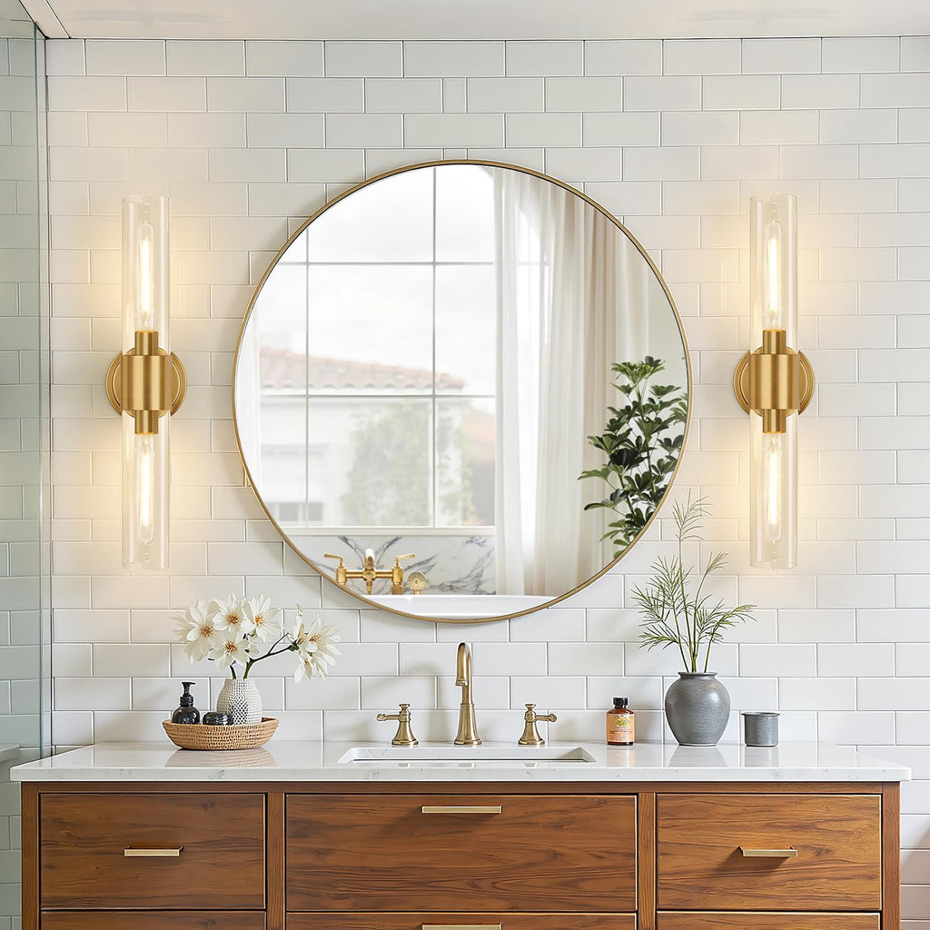 Meybiok Wall Sconces Set of Two, Brushed Gold Bathroom Sconces Wall Lighting with Clear Glass, Hardwired Modern Sconces Wall Decor Set of 2 for Bathroom Mirror Bedroom Living Room Hallway