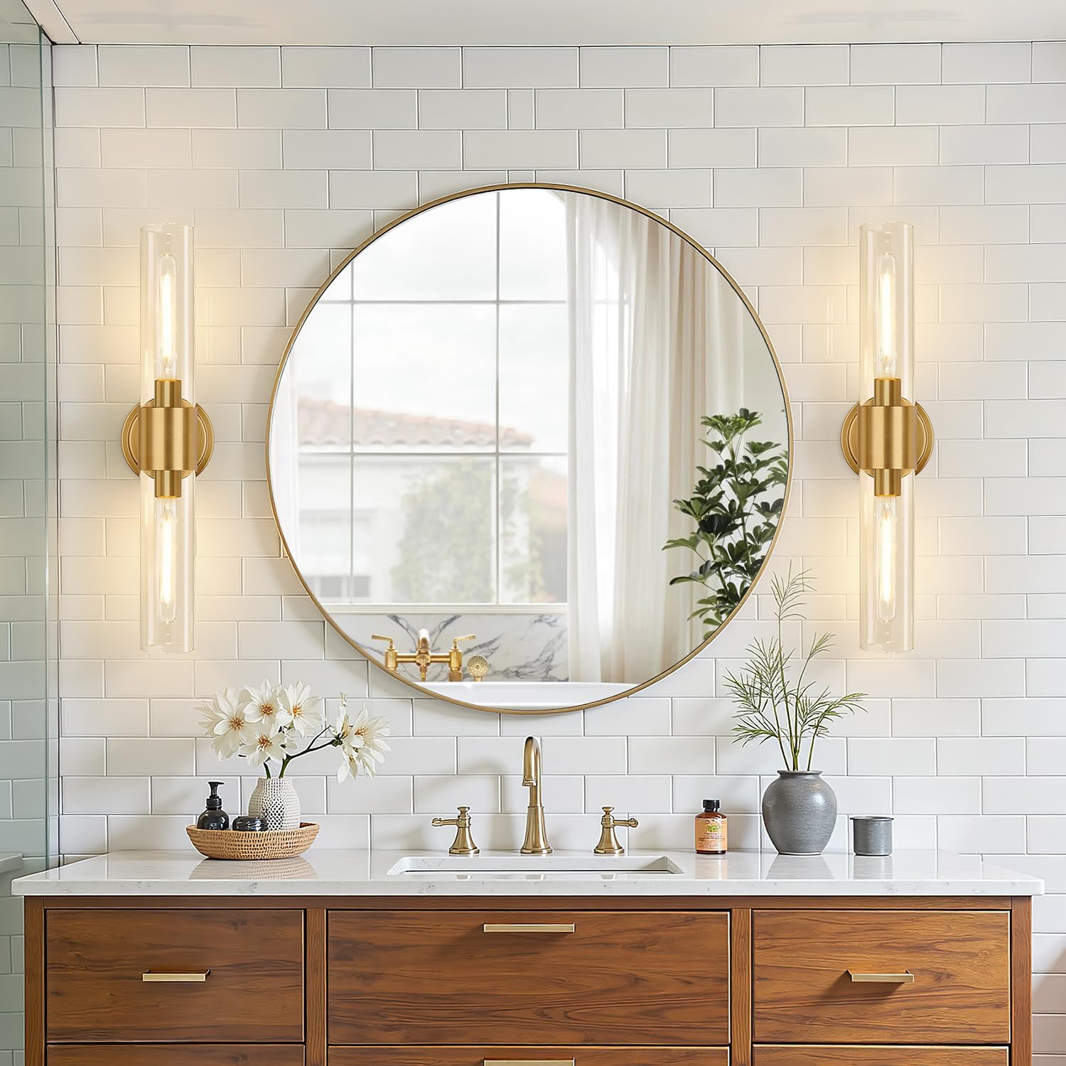 Meybiok Wall Sconces Set of Two, Brushed Gold Bathroom Sconces Wall Lighting with Clear Glass, Hardwired Modern Sconces Wall Decor Set of 2 for Bathroom Mirror Bedroom Living Room Hallway