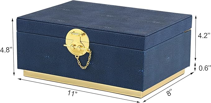 HofferRuffer Elegant Faux Leather Decorative Box, Storage Jewelry Box Organizer, Large Dresser Cosmetic Organizer Holder, Classic Jewelry Accessory Organizer, 11x8x4.8 inches (Blue)