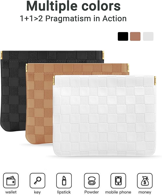 MXXUUOOM 2 Pack Small Makeup Bag for Purse Leather Cosmetic Pouch Organizer, Snap Closure Checkered Makeup Bag, Mini Lipstick Coin Pouch, Travel Makeup Organizer for Women(white)