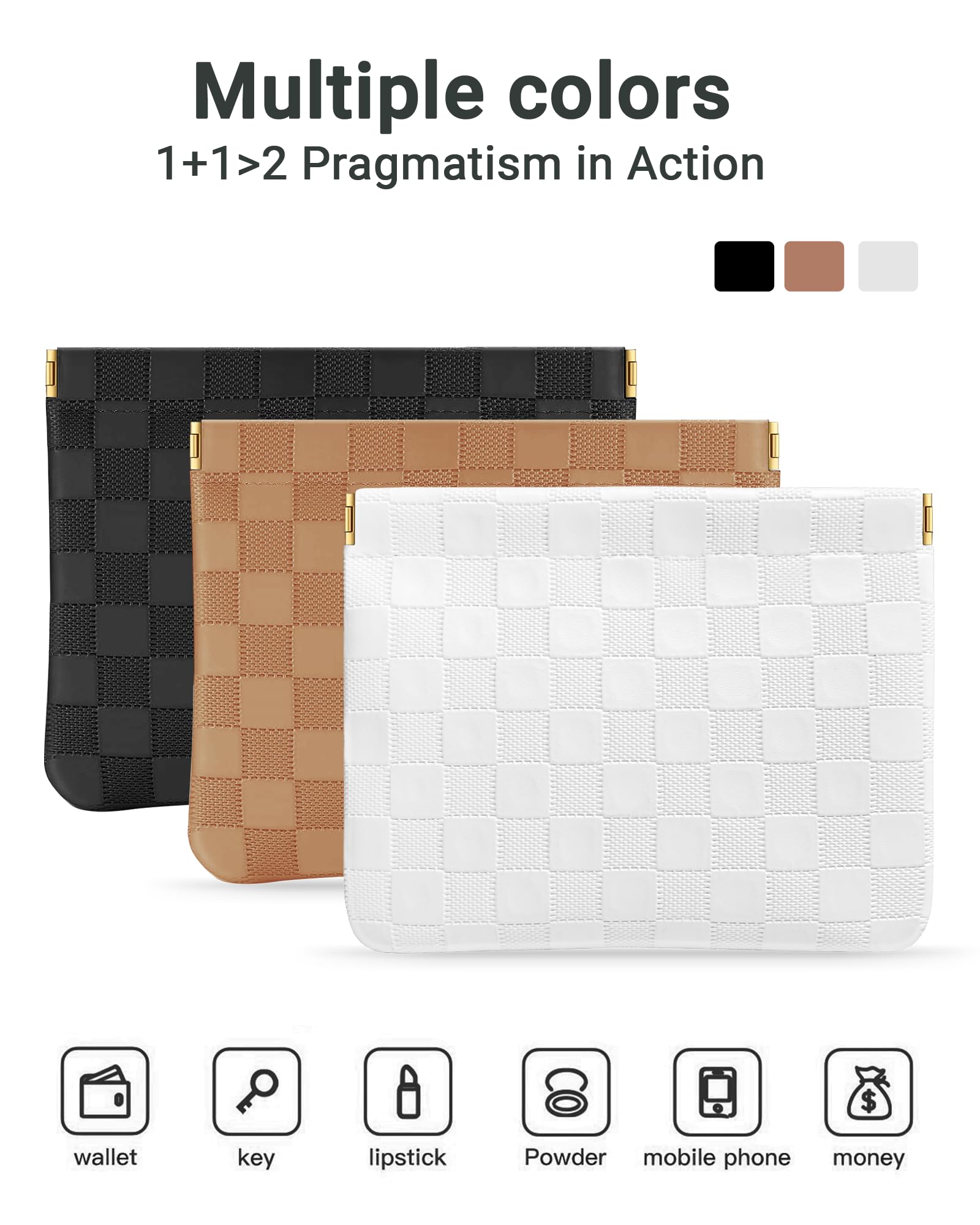 MXXUUOOM 2 Pack Small Makeup Bag for Purse Leather Cosmetic Pouch Organizer, Snap Closure Checkered Makeup Bag, Mini Lipstick Coin Pouch, Travel Makeup Organizer for Women(white)