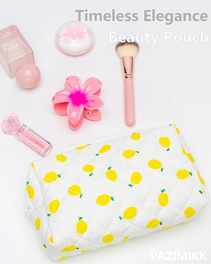 PAZIMIIK Small Quilted Makeup Bag,Zipper Cosmetic Pouch,Lemon White