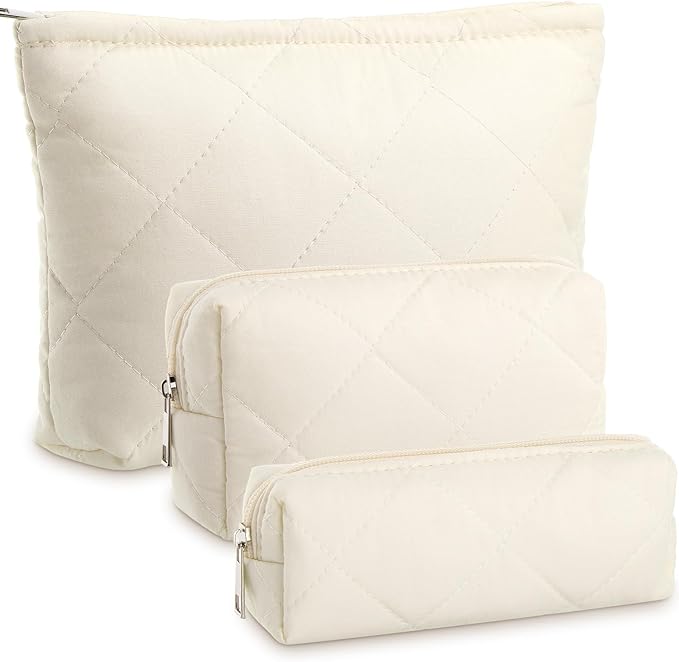 Paterr 3 Pcs Quilted Makeup Bag Set Back to School Favor Small Bridesmaid Cosmetic Bag Aesthetic Travel Pouch Cute Purse Pencil Case Makeup Storage Organizer for Women Birthday Gift(Cotton,Beige)